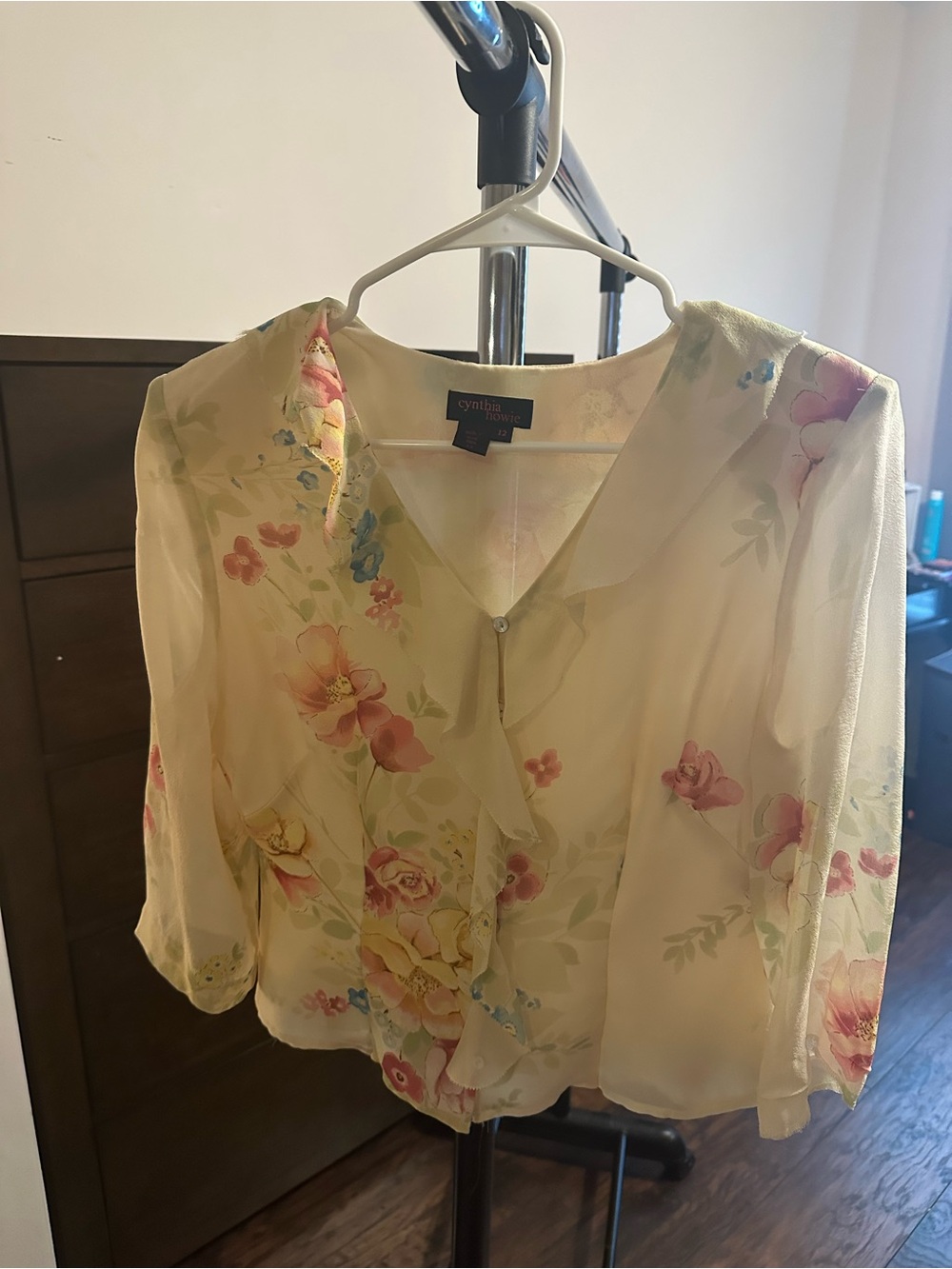 Vintage Cynthia Rowley Cream Floral Chiffon Blouse
